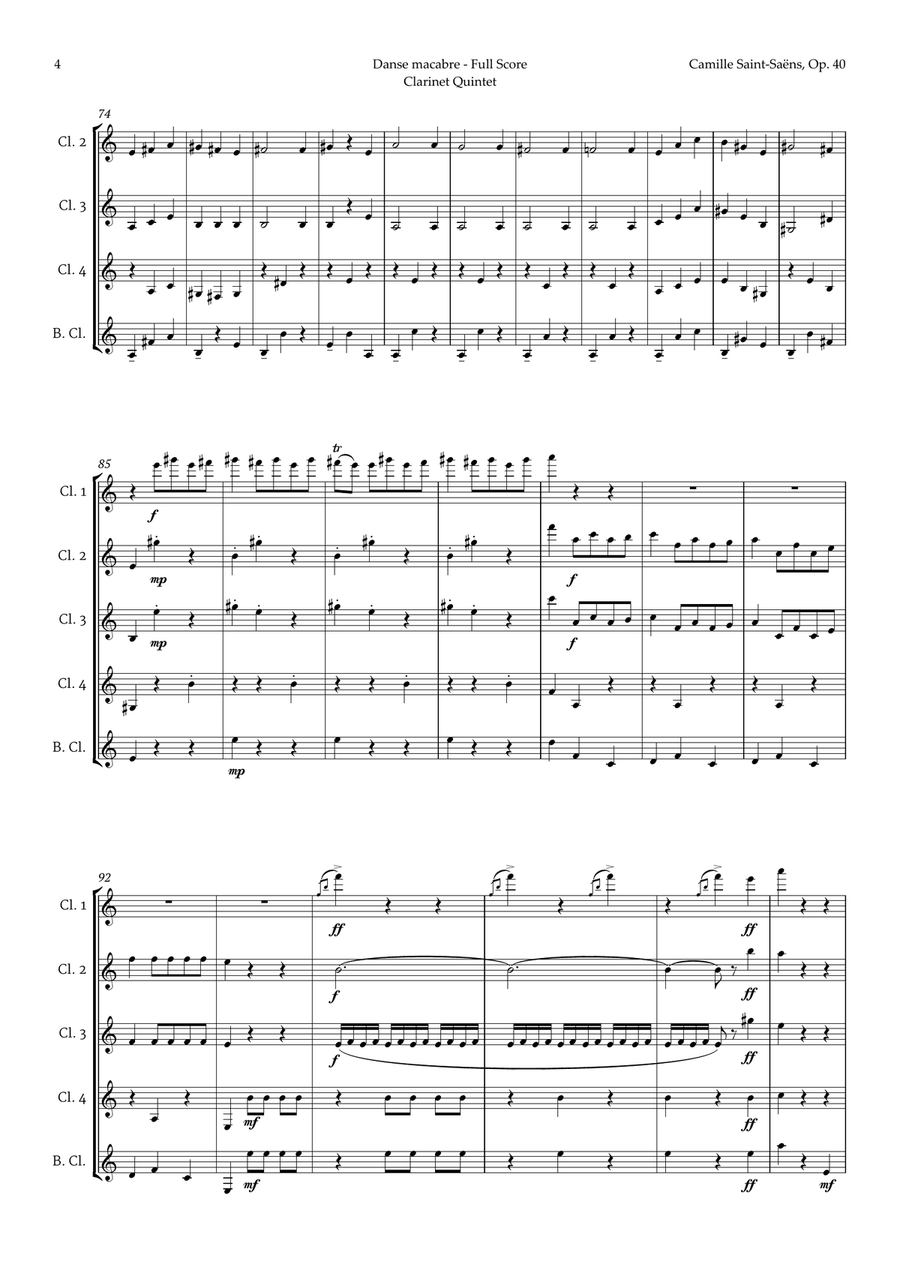 Danse Macabre by Camille Saint-Saens for Clarinet Quintet Clarinet Quintet scores gallery preview page 4