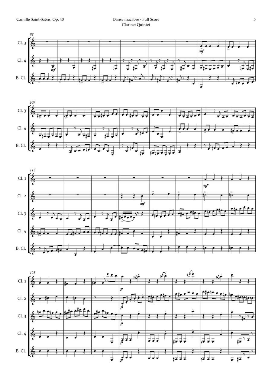 Danse Macabre by Camille Saint-Saens for Clarinet Quintet Clarinet Quintet scores gallery preview page 5