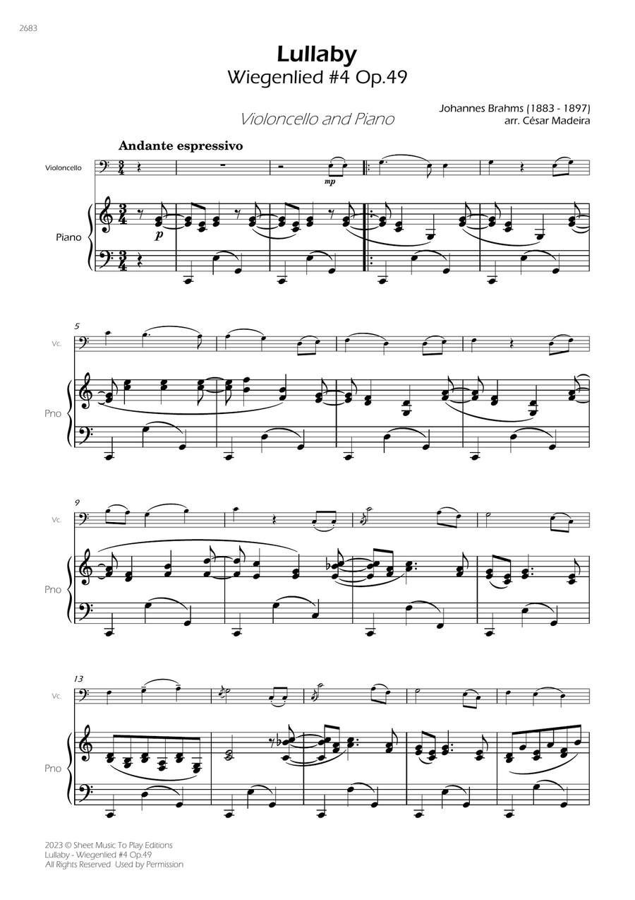 Brahms' Lullaby - Cello and Piano (Full Score and Parts) Piano scores gallery preview page 3