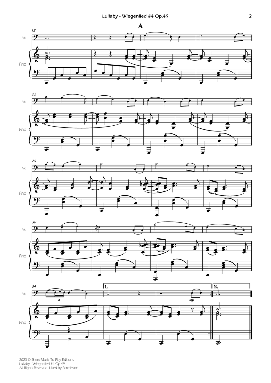 Brahms' Lullaby - Cello and Piano (Full Score and Parts) Piano scores gallery preview page 4