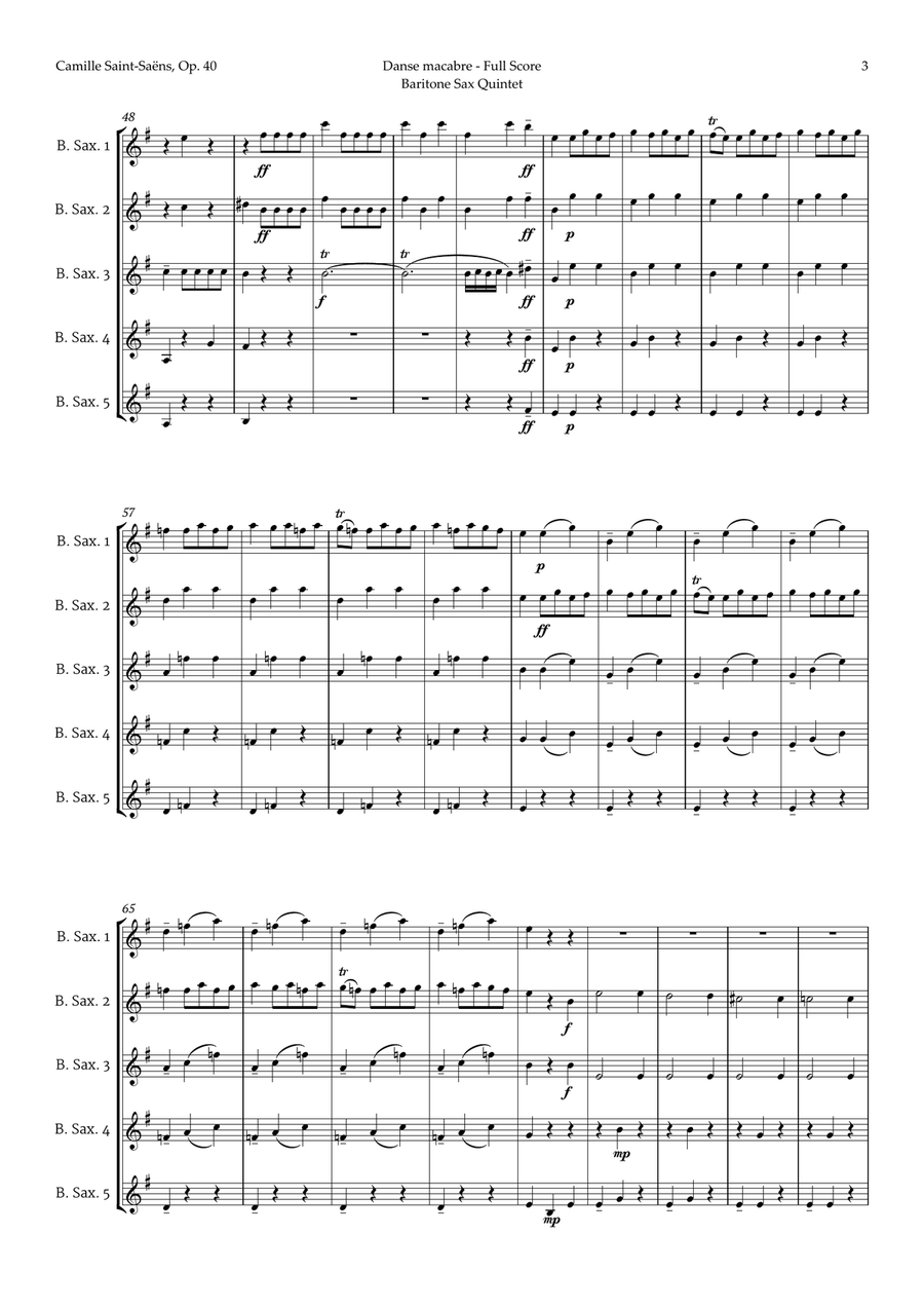 Danse Macabre by Camille Saint-Saens for Baritone Sax Quintet Saxophone Quintet scores gallery preview page 3