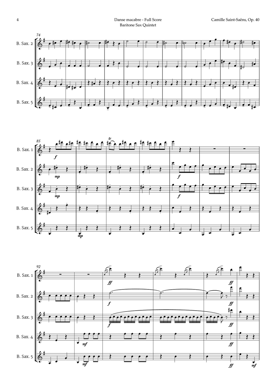 Danse Macabre by Camille Saint-Saens for Baritone Sax Quintet Saxophone Quintet scores gallery preview page 4