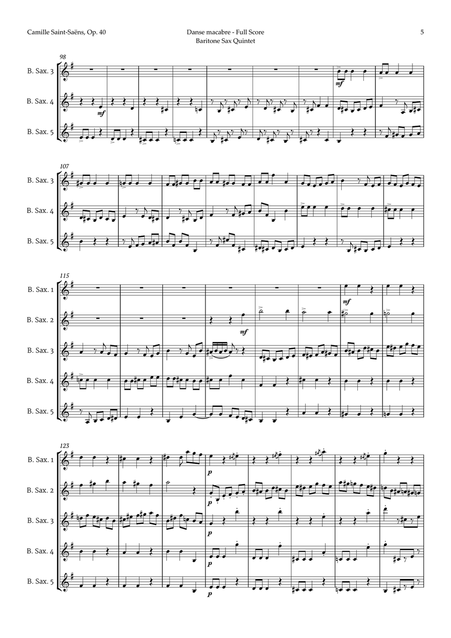 Danse Macabre by Camille Saint-Saens for Baritone Sax Quintet Saxophone Quintet scores gallery preview page 5