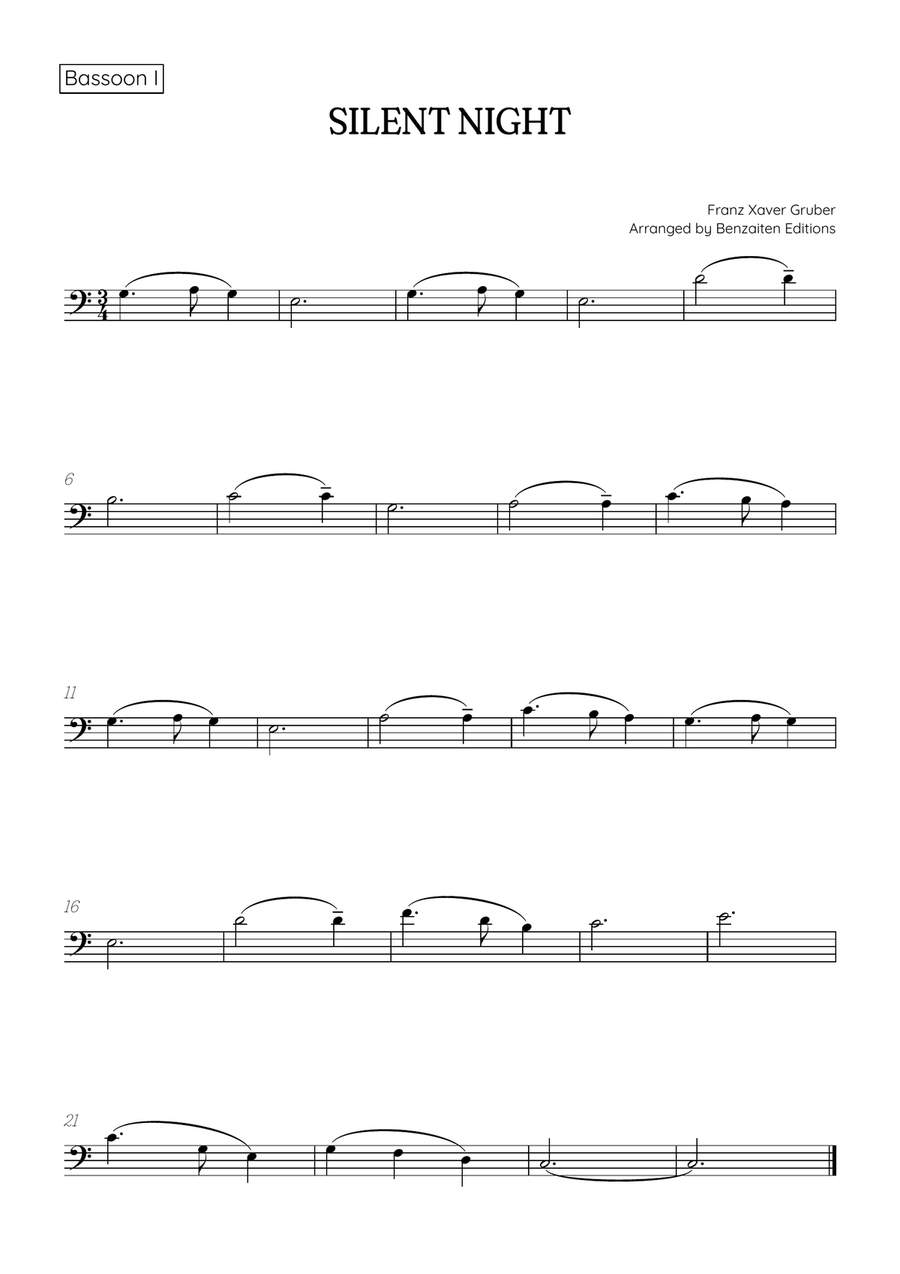 Silent Night for bassoon duet with piano accompaniment • easy Christmas song sheet music Woodwind Duet scores gallery preview page 2