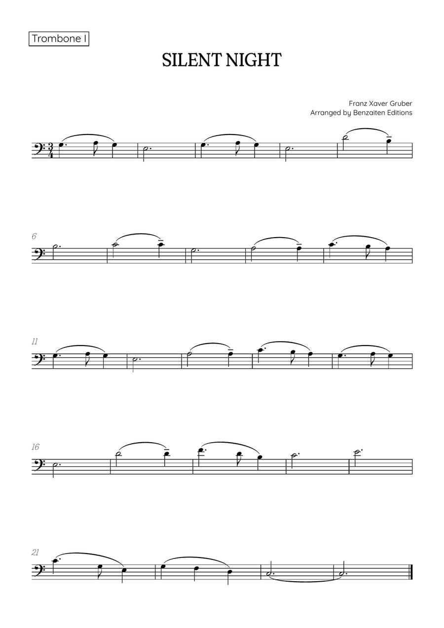 Silent Night for trombone duet • easy Christmas song sheet music Trombone Duet scores gallery preview page 2