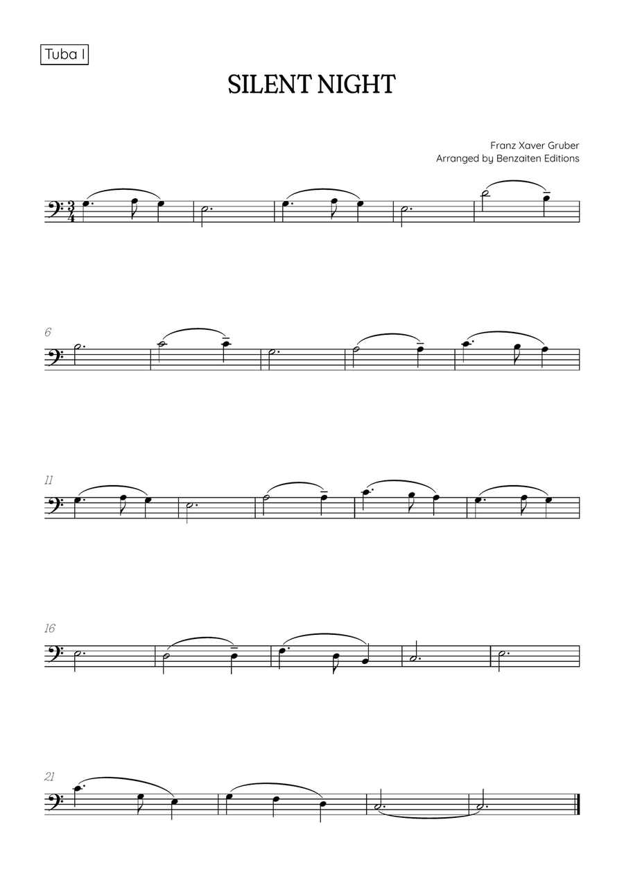 Silent Night for tuba duet with piano accompaniment • easy Christmas song sheet music Brass Duet scores gallery preview page 2