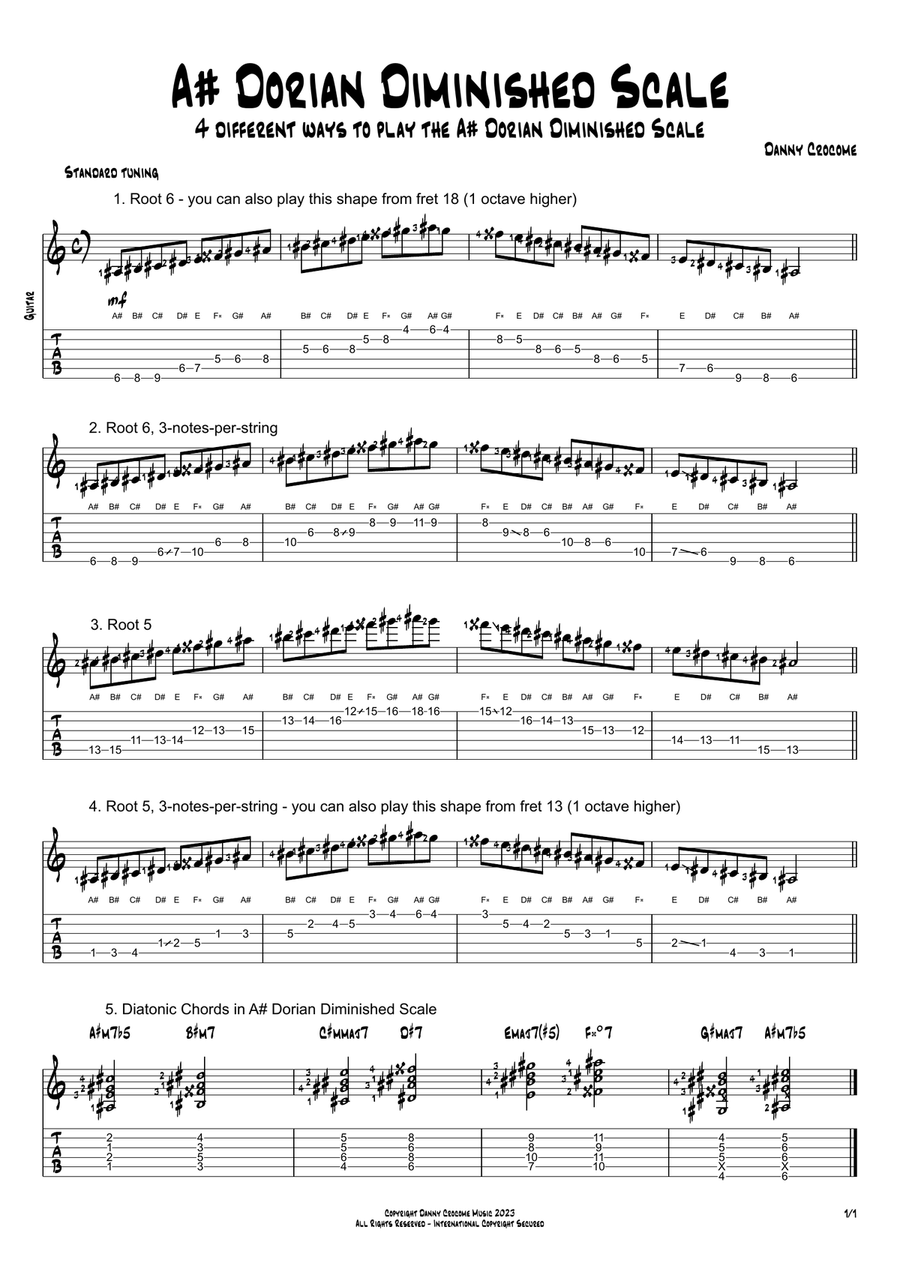 A# Dorian Diminished Scale (4 Ways to Play) Electric Guitar scores gallery preview page 1