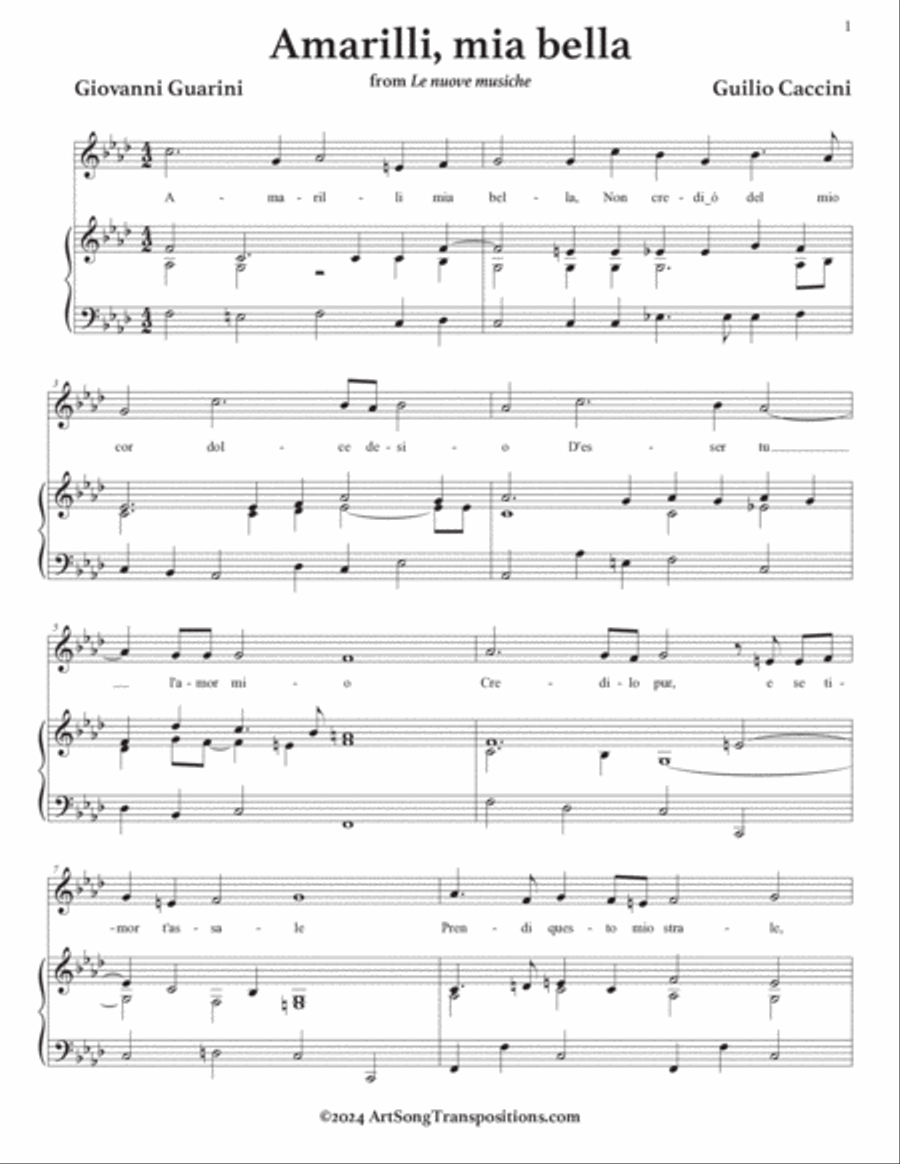 CACCINI: Amarilli, mia bella (transposed to F minor) Voice scores gallery preview page 2