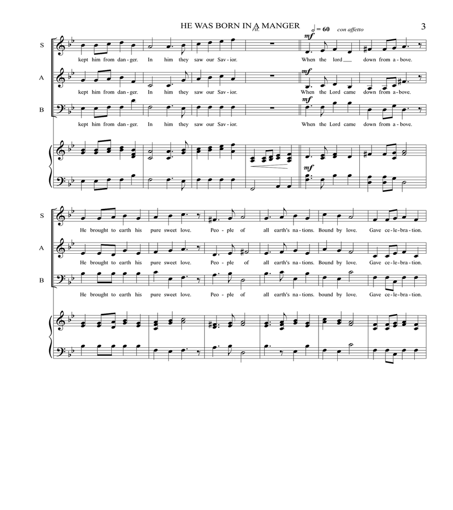 HE WAS BORN IN A MANGER 3-Part scores gallery preview page 4