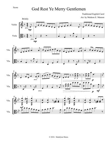 God Rest Ye Merry Gentlemen for violin-viola duet