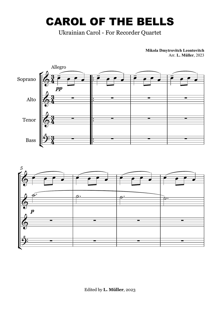 Carol of Bells - Recorder Quartet Soprano Recorder scores gallery preview page 5