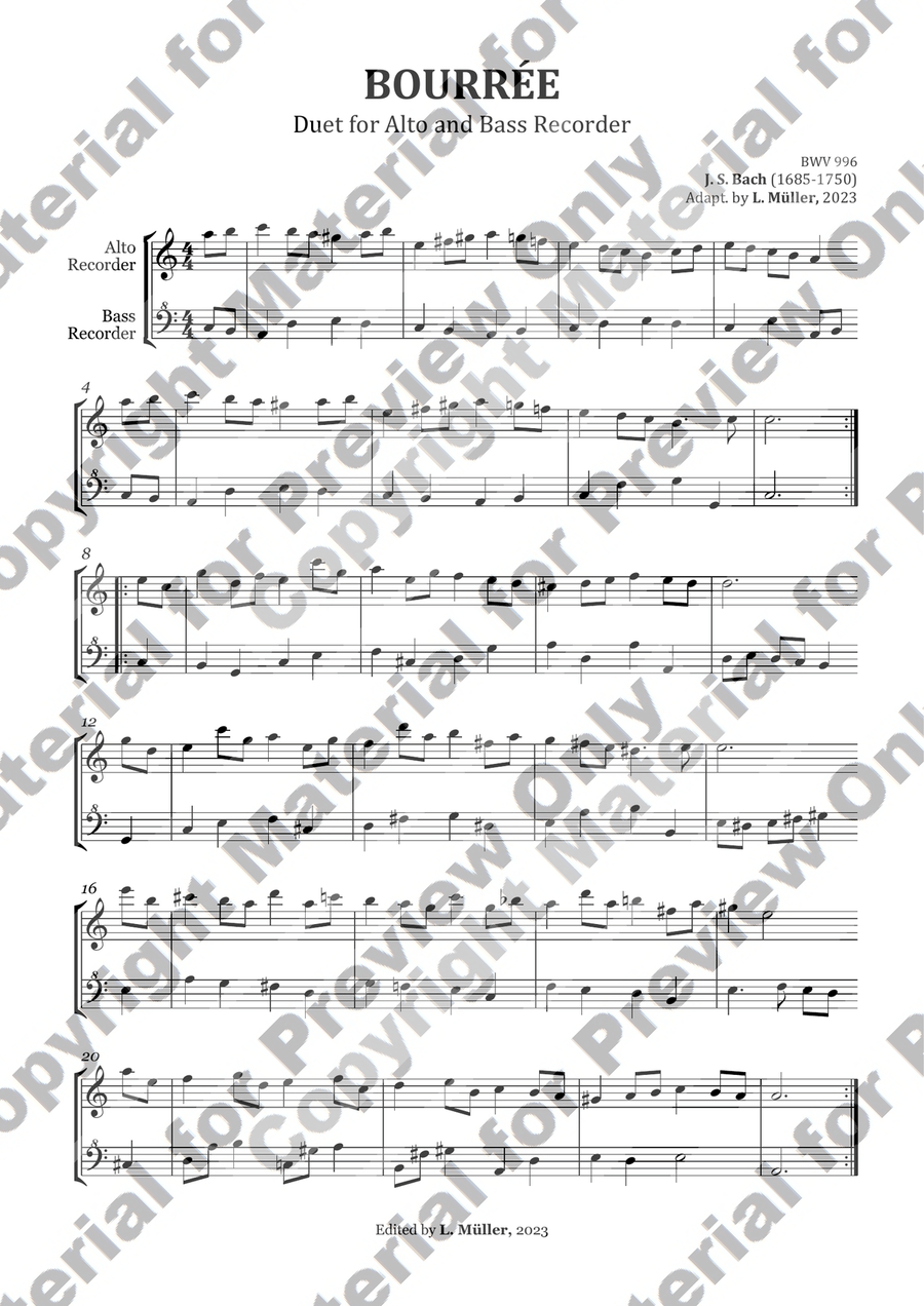 Bourrée - BWV 1067 - Duet for Alto and Bass Recorder Woodwind Duet scores gallery preview page 2