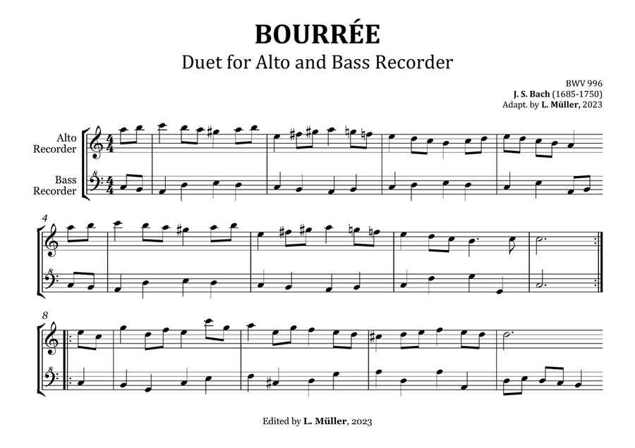 Bourrée - BWV 1067 - Duet for Alto and Bass Recorder - Landscape Woodwind Duet scores gallery preview page 4