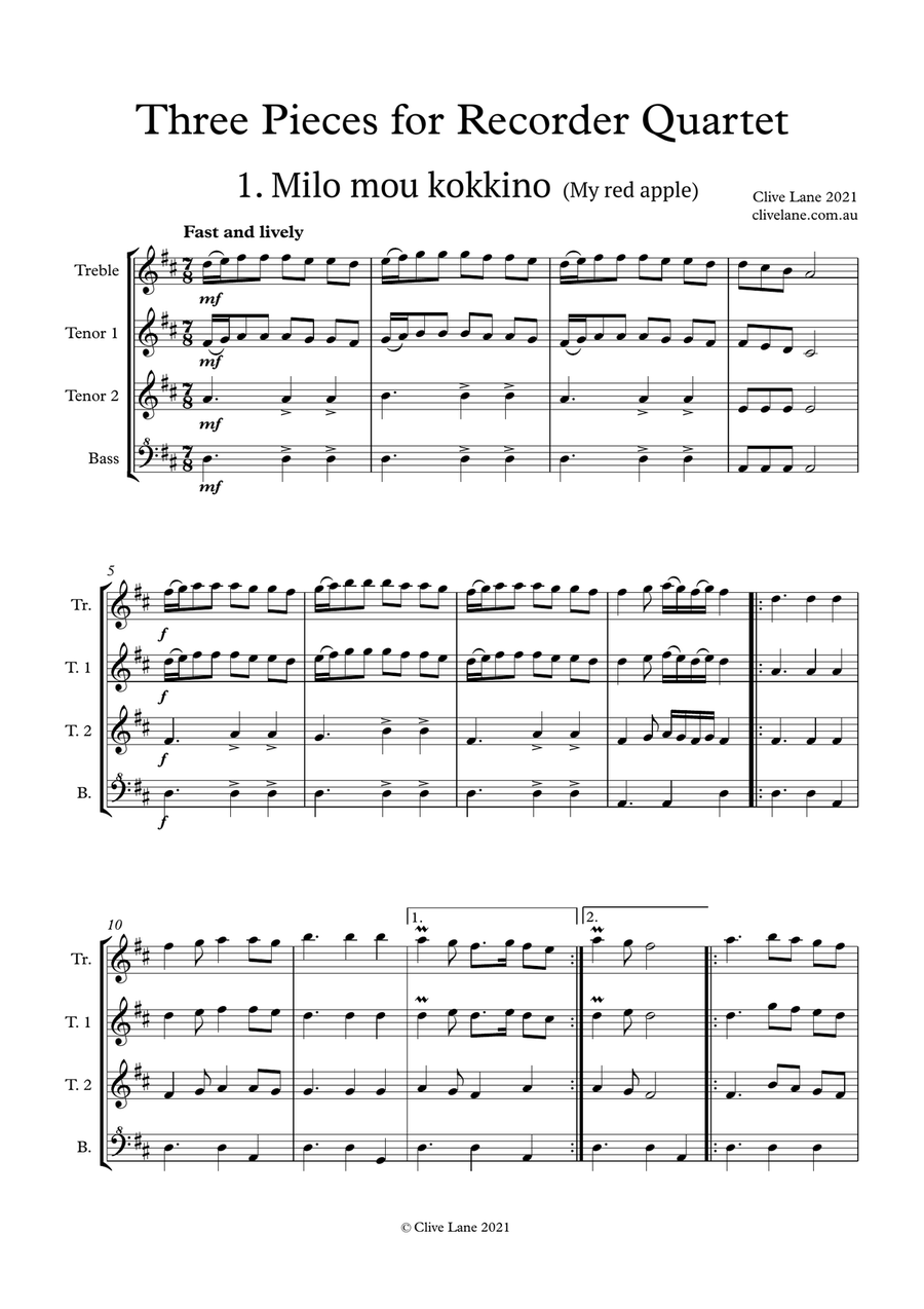 Three pieces for recorder quartet: 'Milo mou kokkino', 'Mirabeau Bridge', 'Fiesta' Alto Recorder scores gallery preview page 3