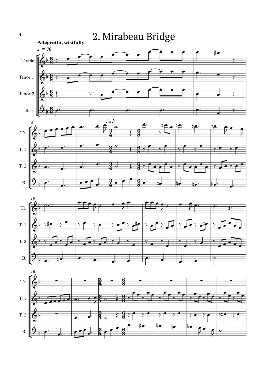 Three pieces for recorder quartet: 'Milo mou kokkino', 'Mirabeau Bridge', 'Fiesta' Alto Recorder scores gallery preview page 6