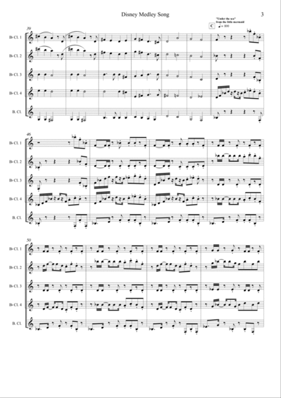 Disney medley song for Clarinet Quintet Bass Clarinet scores gallery preview page 3