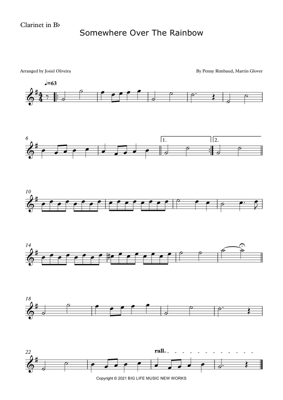 Somewhere Over The Rainbow B-Flat Clarinet scores gallery preview page 1