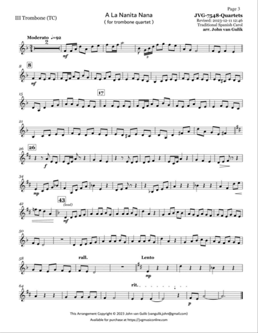 Trombone Quartets For Christmas Vol 1 - Part 3 - Treble Clef Brass Quartet scores gallery preview page 3