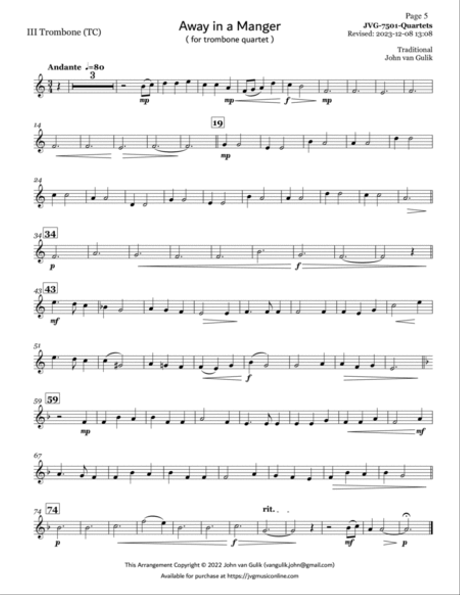 Trombone Quartets For Christmas Vol 1 - Part 3 - Treble Clef Brass Quartet scores gallery preview page 5