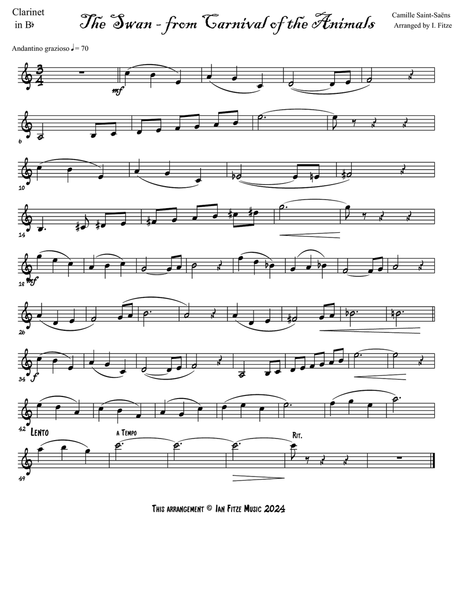 'The Swan' from Carnival of the Animals Clarinet Solo scores gallery preview page 2