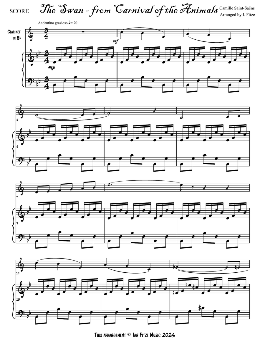 'The Swan' from Carnival of the Animals Clarinet Solo scores gallery preview page 3
