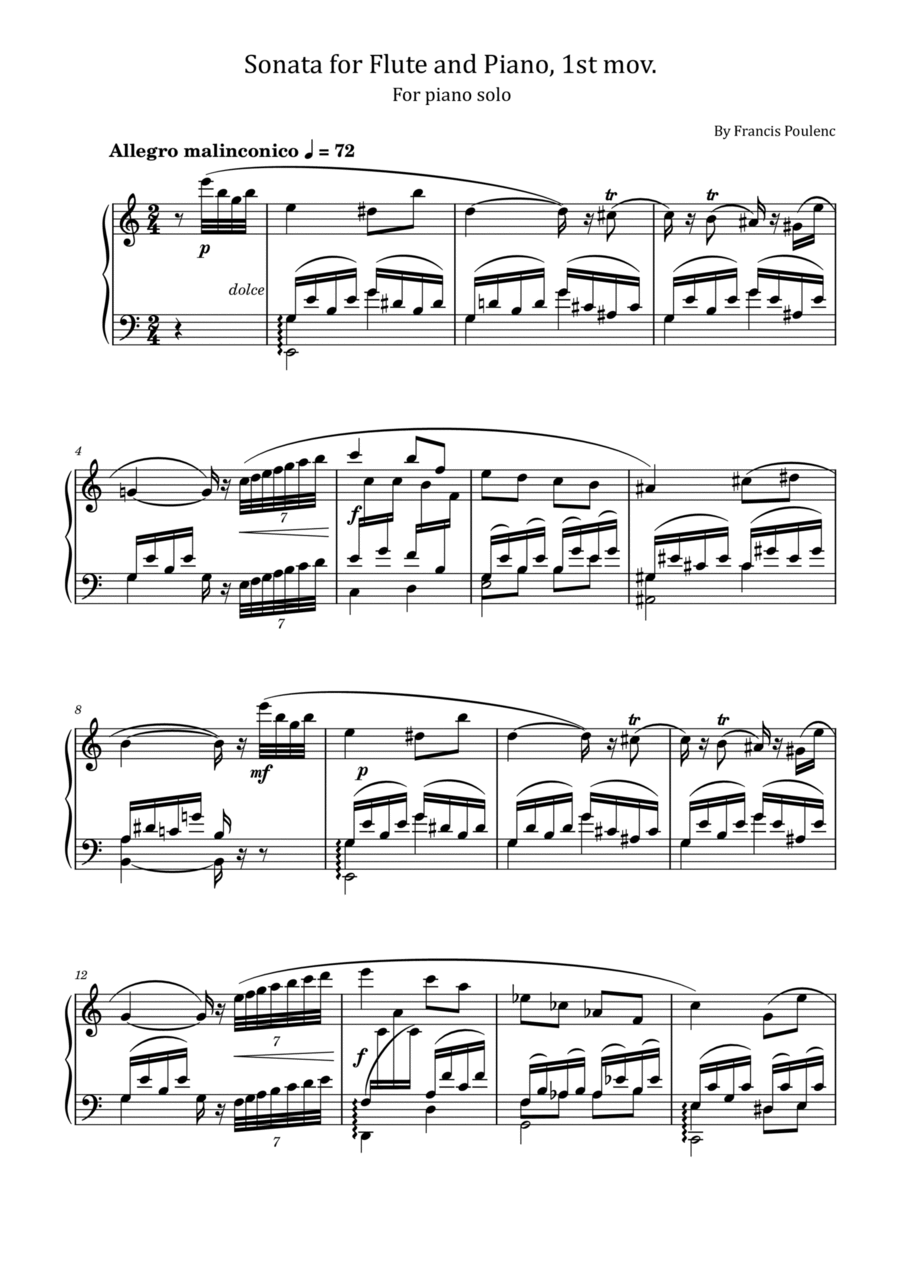Francis Poulenc - Flute Sonata, FP 164 - For Piano Solo Flute scores gallery preview page 1