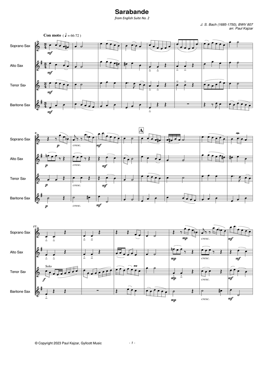 Sarabande from English Suite No. 2 (Saxophone Quartet) Saxophone Quartet scores gallery preview page 2