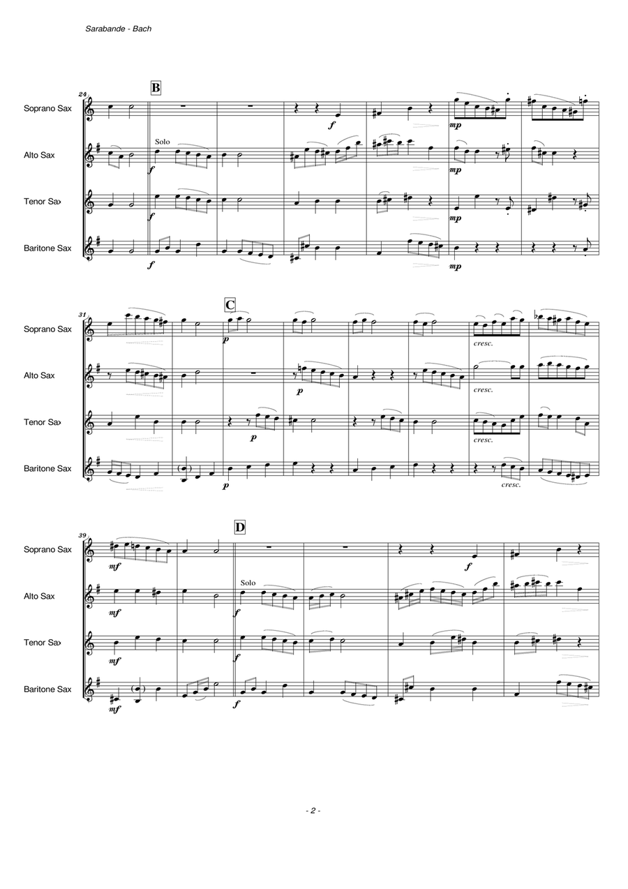 Sarabande from English Suite No. 2 (Saxophone Quartet) Saxophone Quartet scores gallery preview page 3