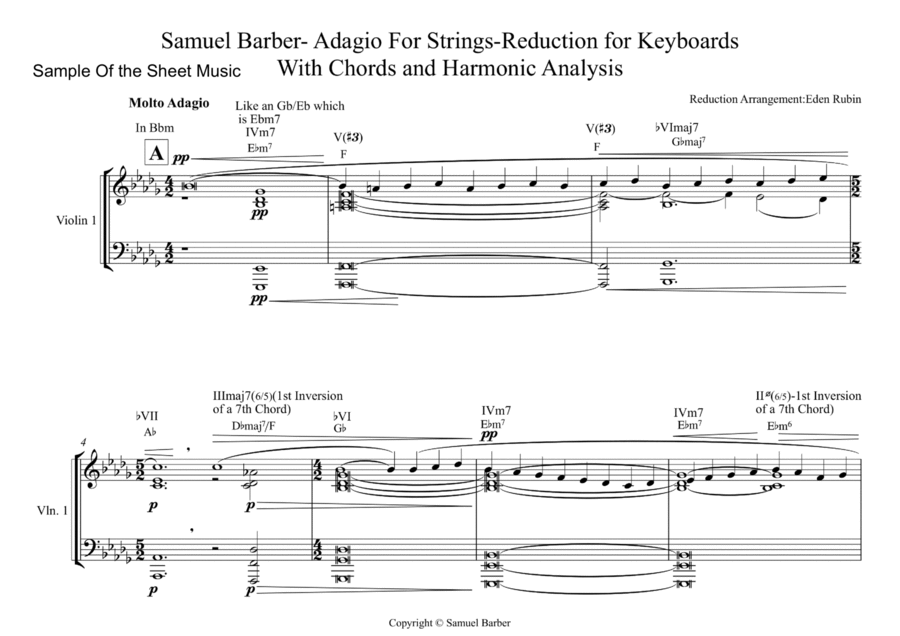 Samuel Barber - Adagio For Strings Resduction and Harmonic Analysis Piano Solo scores gallery preview page 1