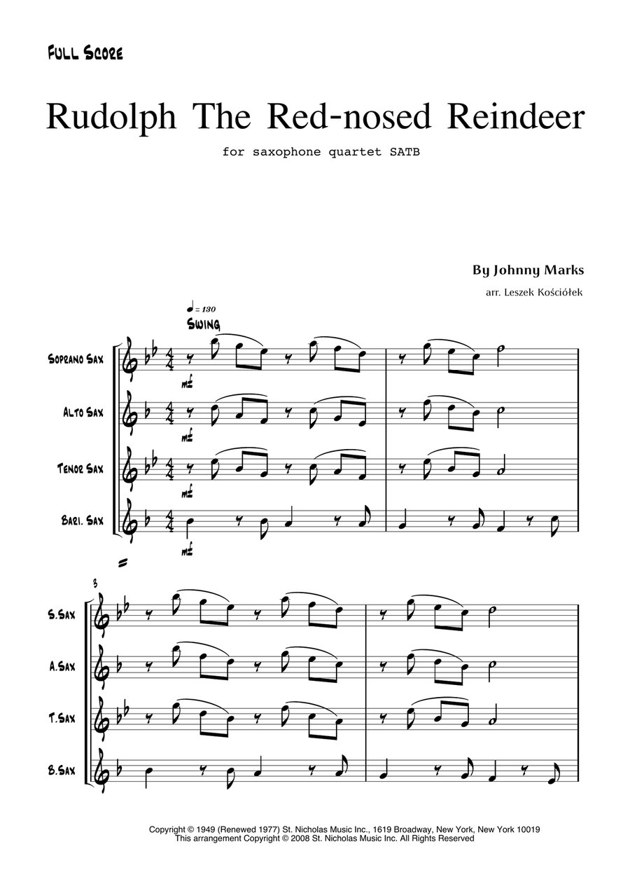 Rudolph The Red-nosed Reindeer Saxophone Quartet scores gallery preview page 4