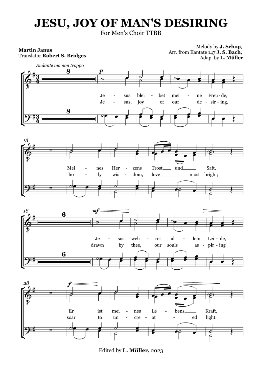 Jesu, Joy of Man's Desiring - For Men's Choir (TTBB) - German and English lyrics - with accomp. TTBB scores gallery preview page 5
