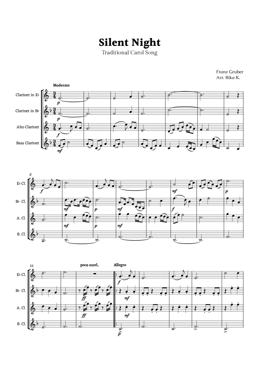 Silent Night for Clarinet Ensemble Quartet Clarinet Quartet scores gallery preview page 1