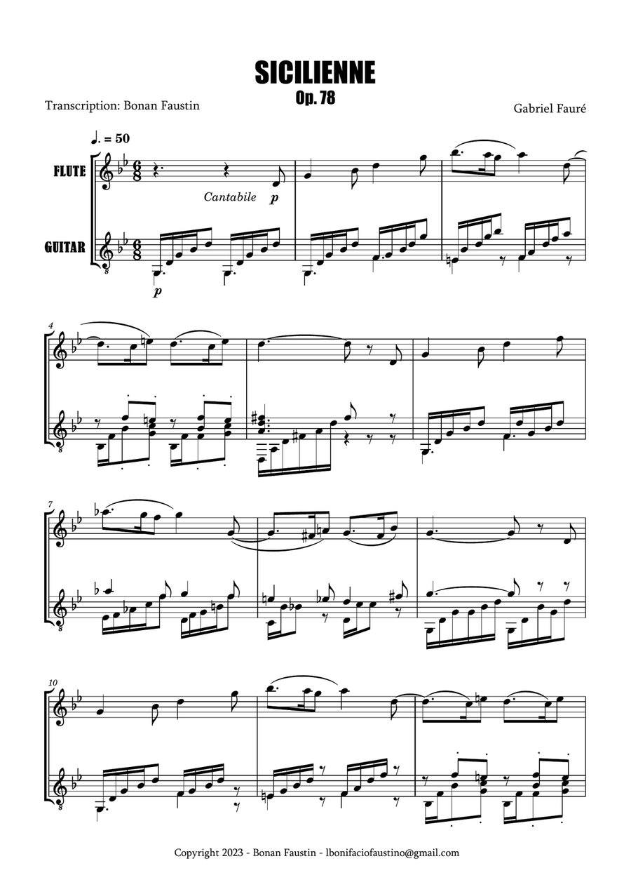 SICILIENNE [GABRIEL FAURÉ] FOR FLUTE AND GUITAR Flute scores gallery preview page 2