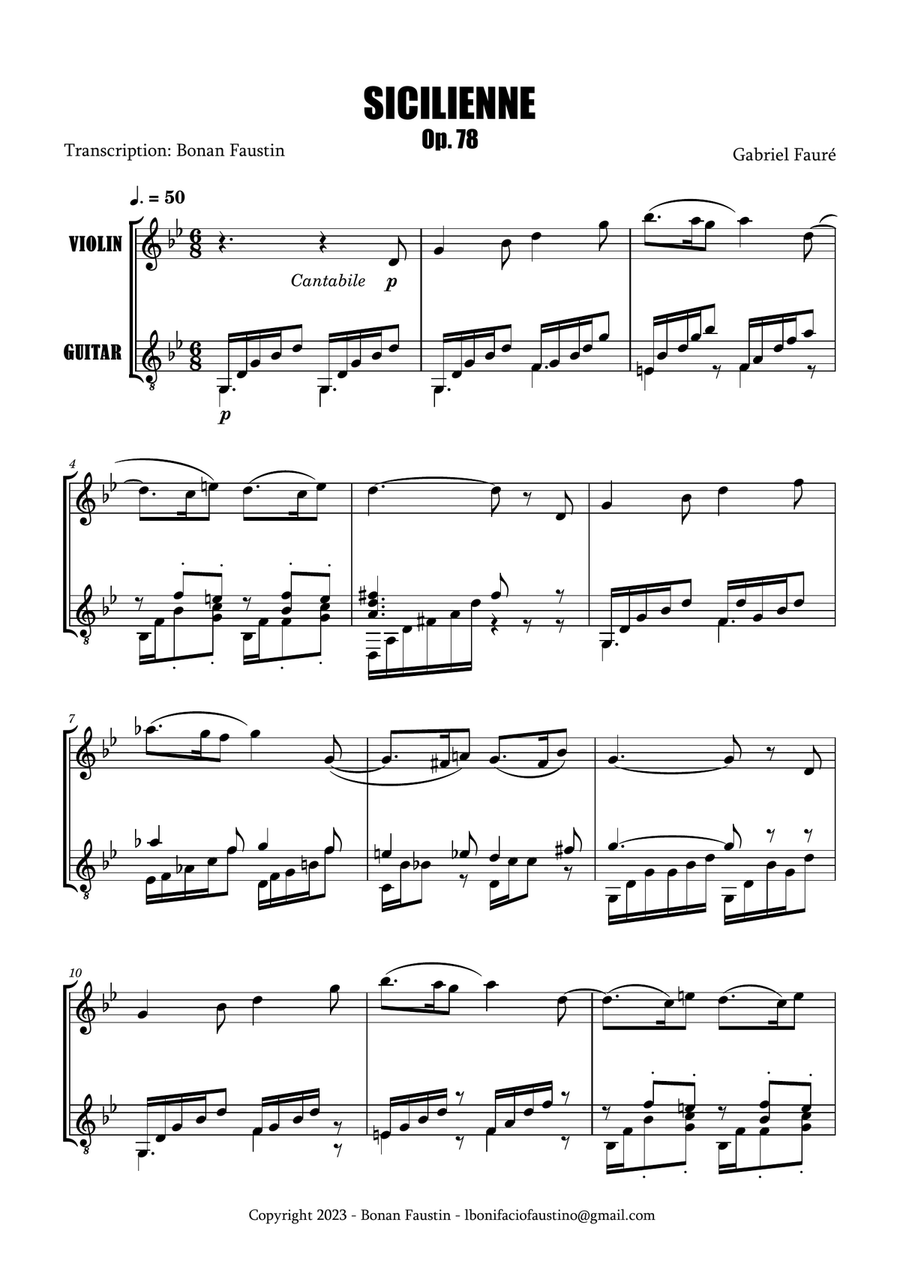 SICILIENNE [GABRIEL FAURÉ] FOR VIOLIN AND GUITAR String Duet scores gallery preview page 2