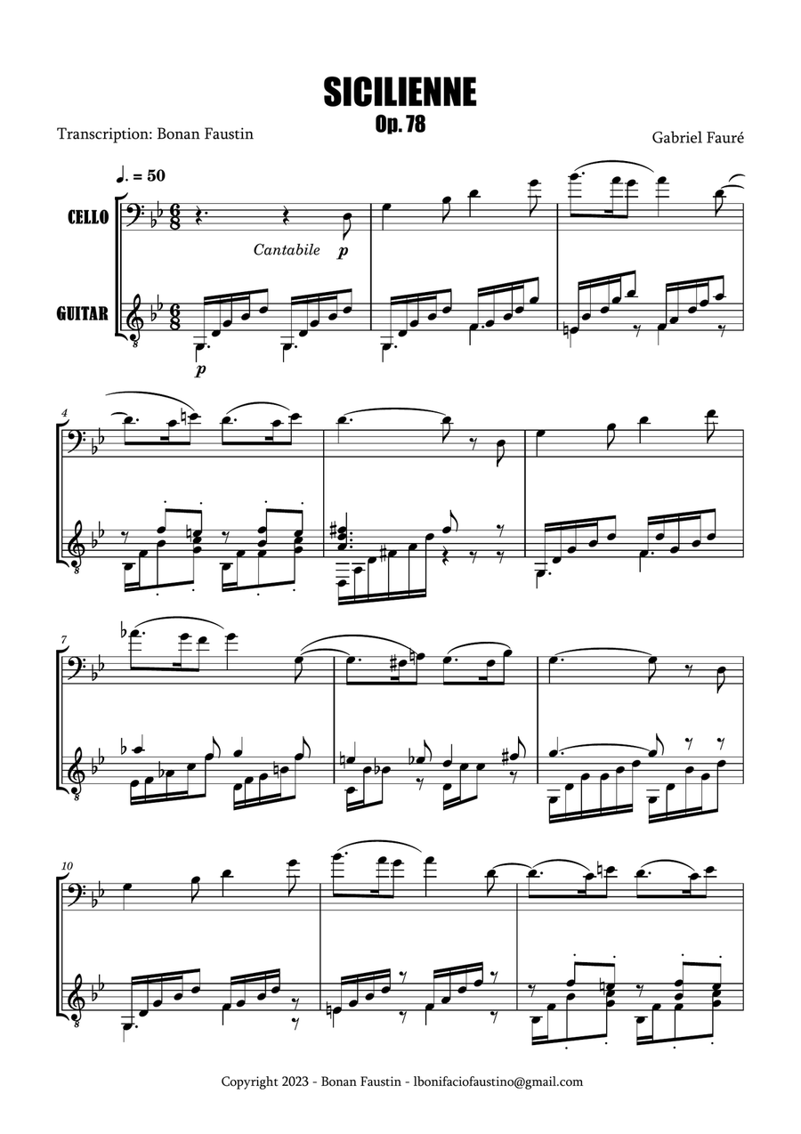 SICILIENNE [GABRIEL FAURÉ] FOR CELLO AND GUITAR String Duet scores gallery preview page 2