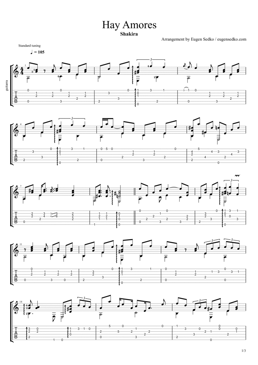 Hay Amores Guitar Tablature scores gallery preview page 1