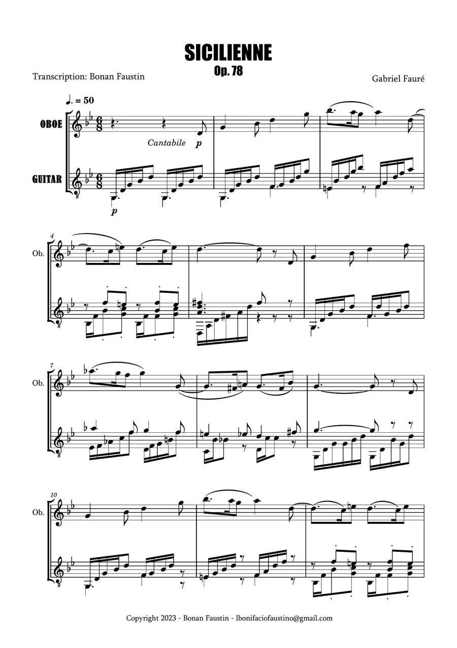 SICILIENNE [GABRIEL FAURÉ] FOR OBOE AND GUITAR Oboe scores gallery preview page 2
