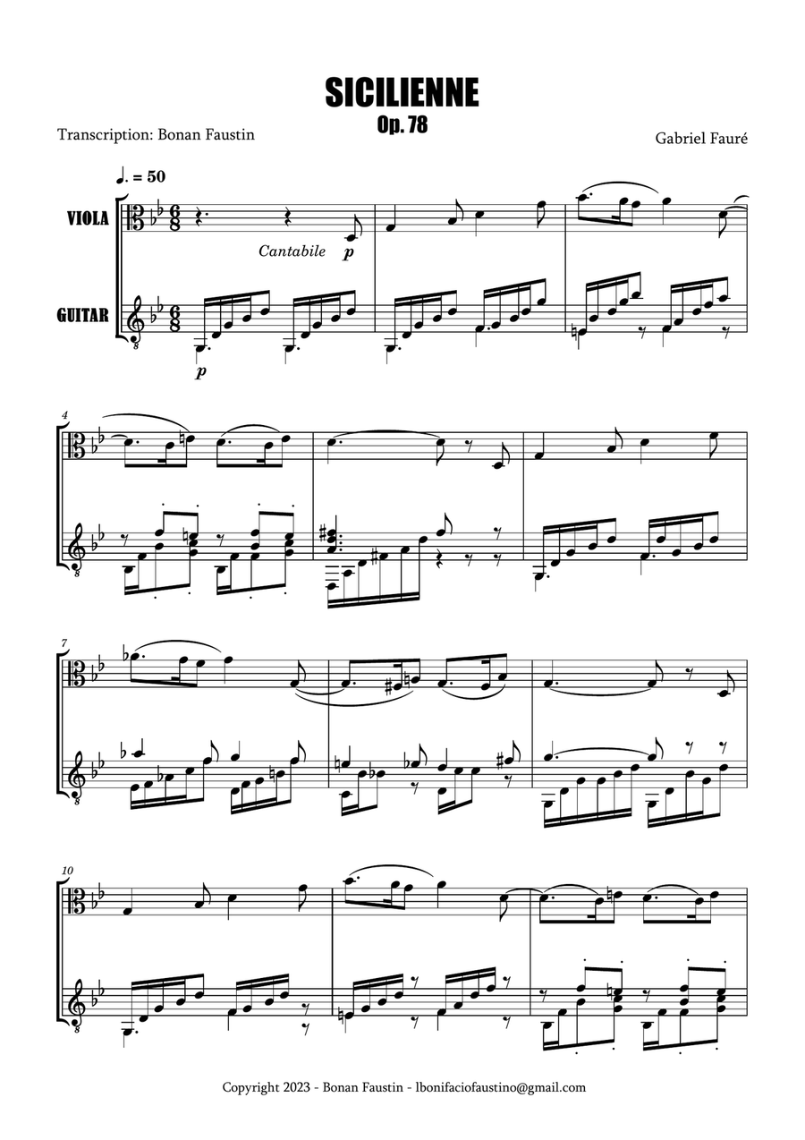 SICILIENNE [GABRIEL FAURÉ] FOR VIOLA AND GUITAR String Duet scores gallery preview page 2