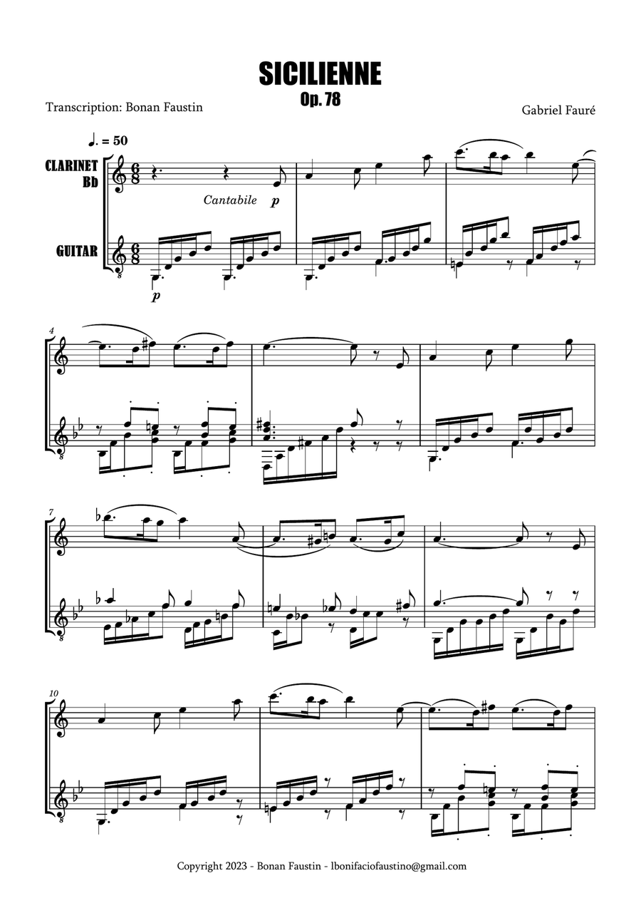 SICILIENNE Op. 78 FOR CLARINET AND CLASSICAL GUITAR Clarinet scores gallery preview page 2
