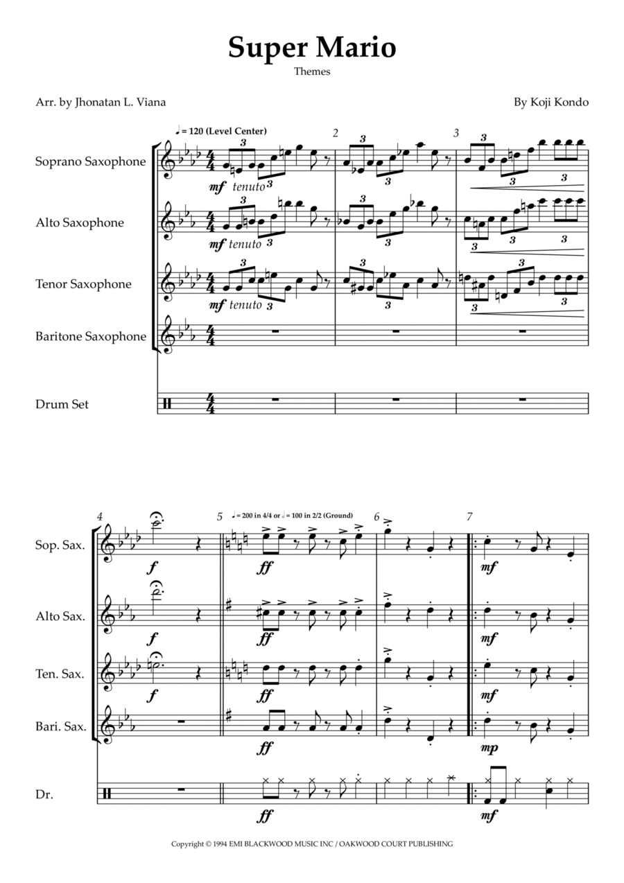 Super Mario Bros Theme Saxophone Quartet scores gallery preview page 1