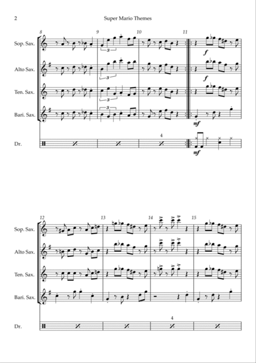Super Mario Bros Theme Saxophone Quartet scores gallery preview page 2