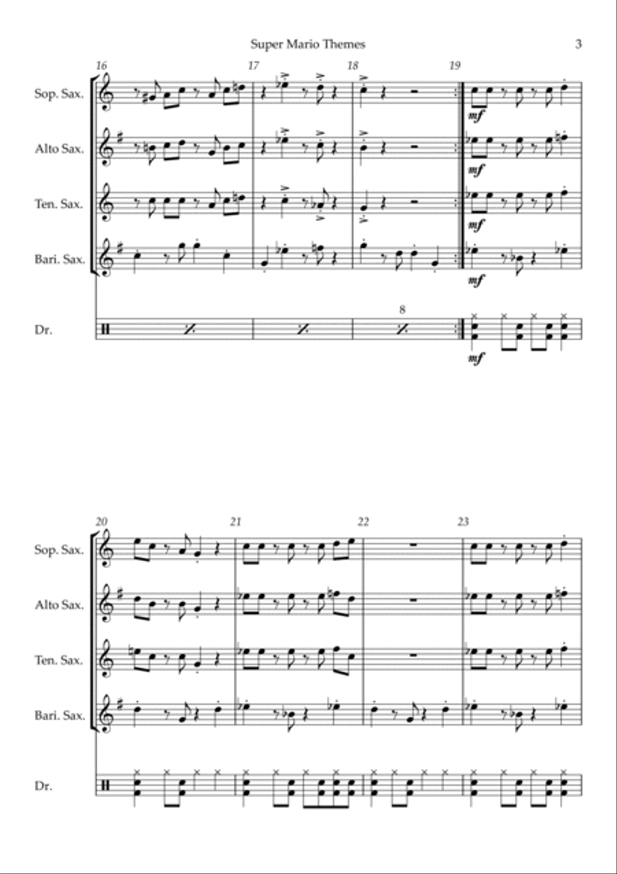Super Mario Bros Theme Saxophone Quartet scores gallery preview page 3