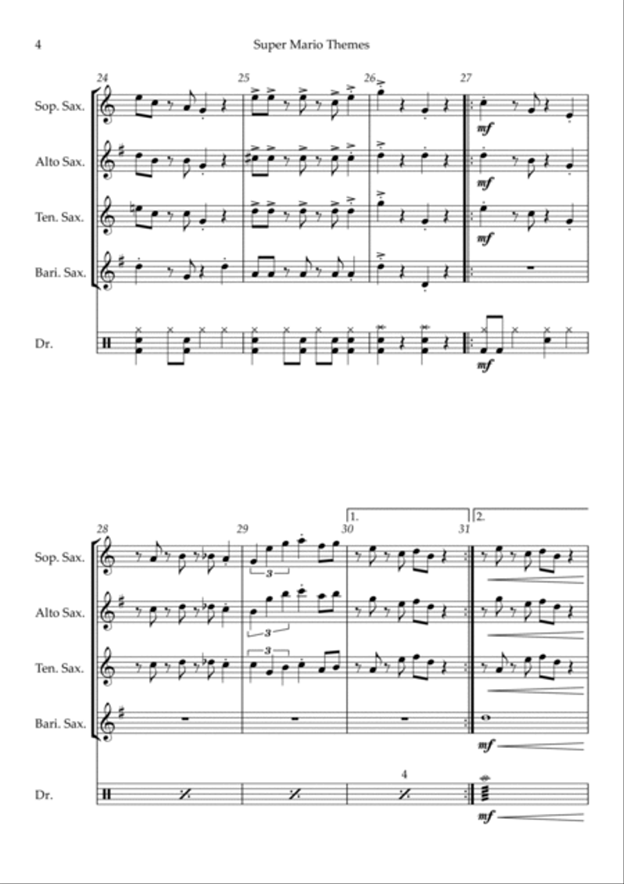 Super Mario Bros Theme Saxophone Quartet scores gallery preview page 4