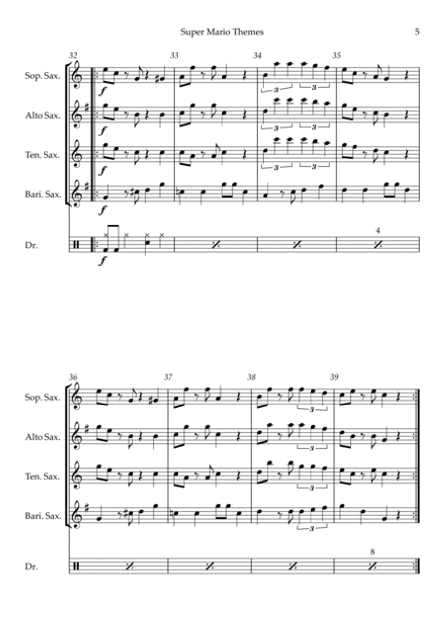 Super Mario Bros Theme Saxophone Quartet scores gallery preview page 5