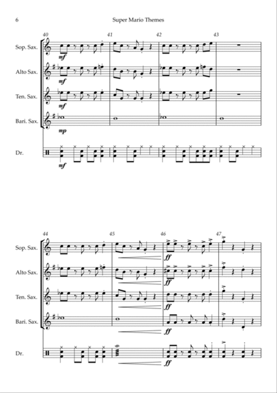Super Mario Bros Theme Saxophone Quartet scores gallery preview page 6