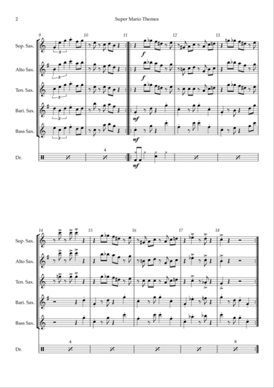 Super Mario Bros Theme Saxophone Quintet scores gallery preview page 2