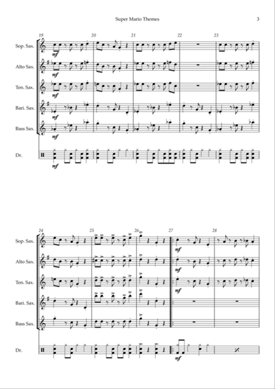 Super Mario Bros Theme Saxophone Quintet scores gallery preview page 3