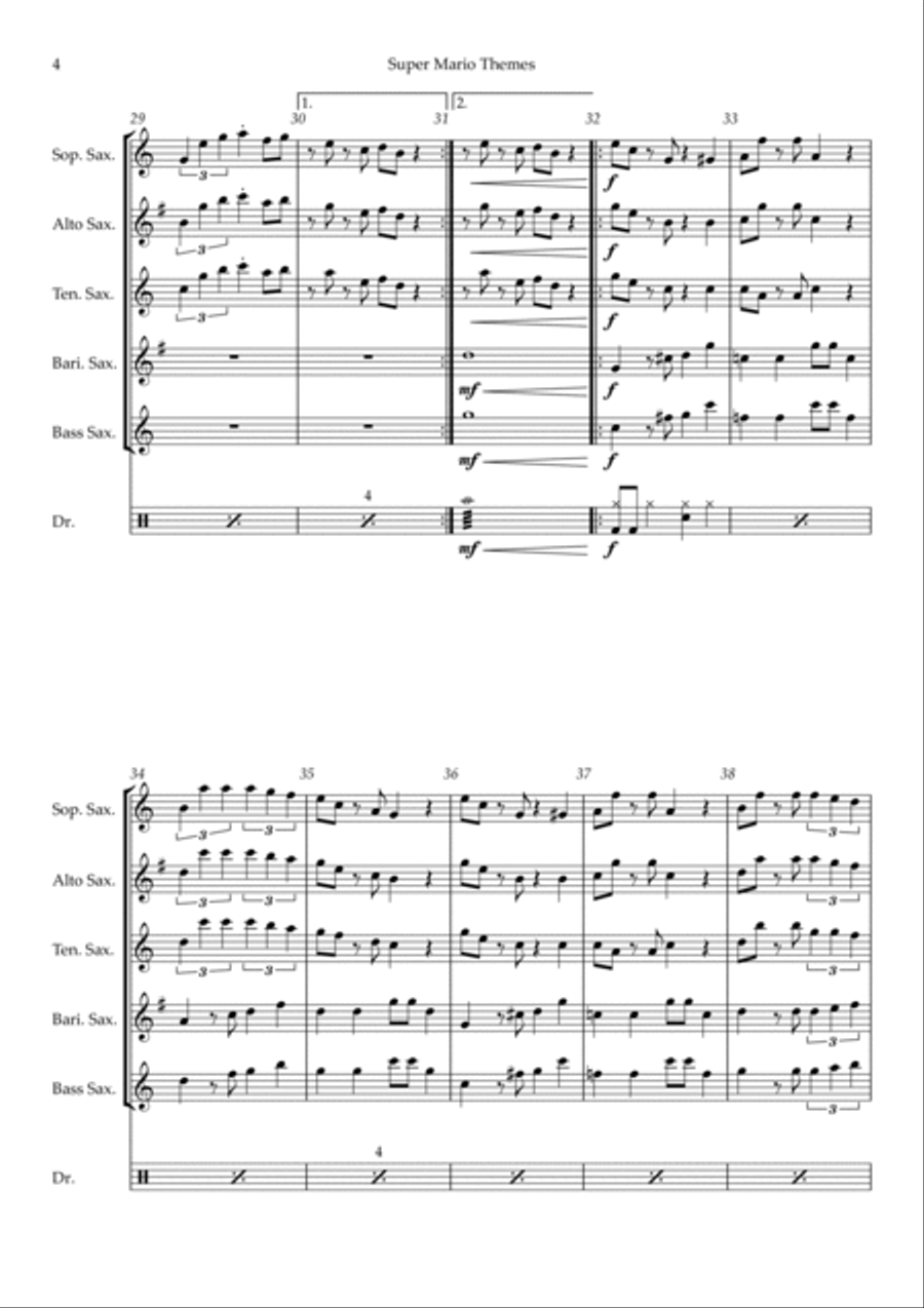 Super Mario Bros Theme Saxophone Quintet scores gallery preview page 4