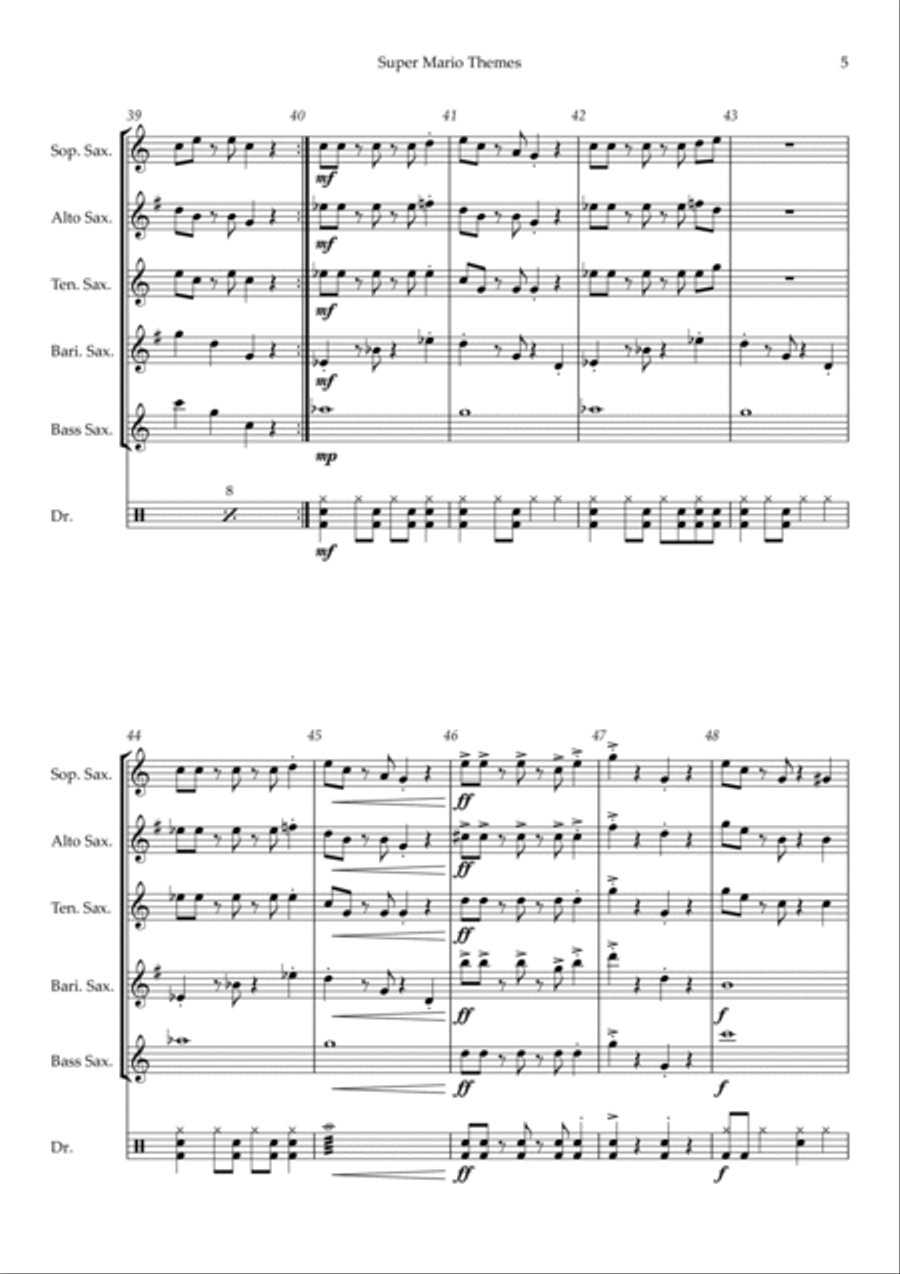 Super Mario Bros Theme Saxophone Quintet scores gallery preview page 5