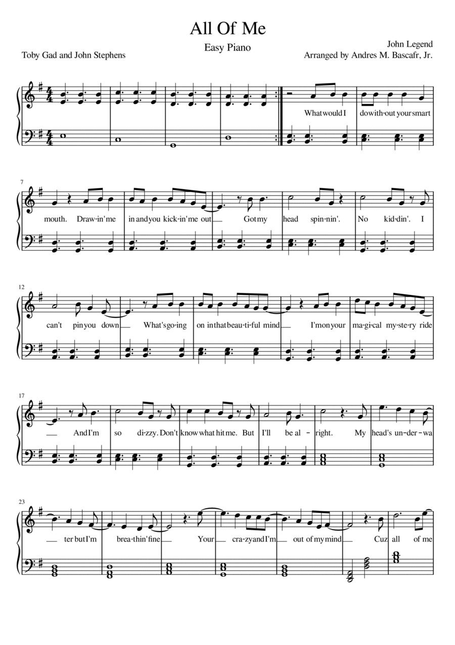 All of Me in G Major Easy Piano scores gallery preview page 1
